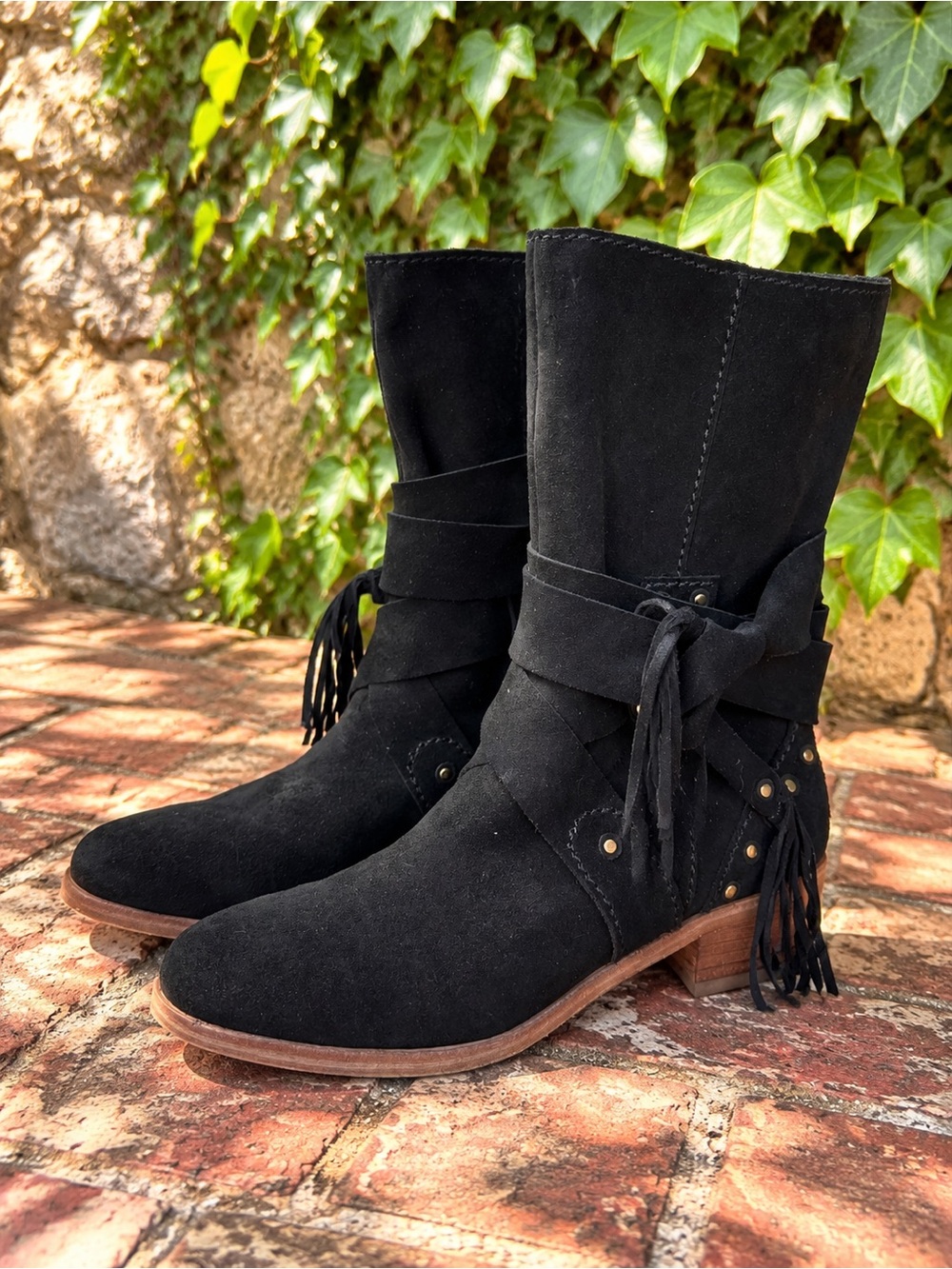 SEE BY CHLOE Black Mid Calf Studded Suede Boots with Tasseled Ankle Wraps, 37